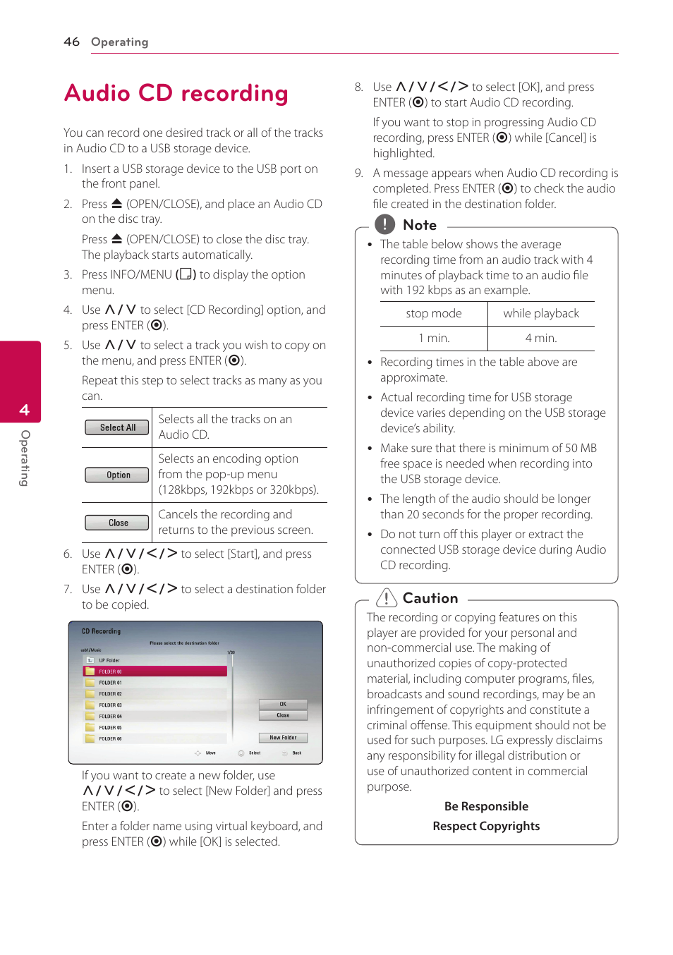 Audio cd recording, 46 audio cd recording | LG BP620C User Manual | Page 46 / 68