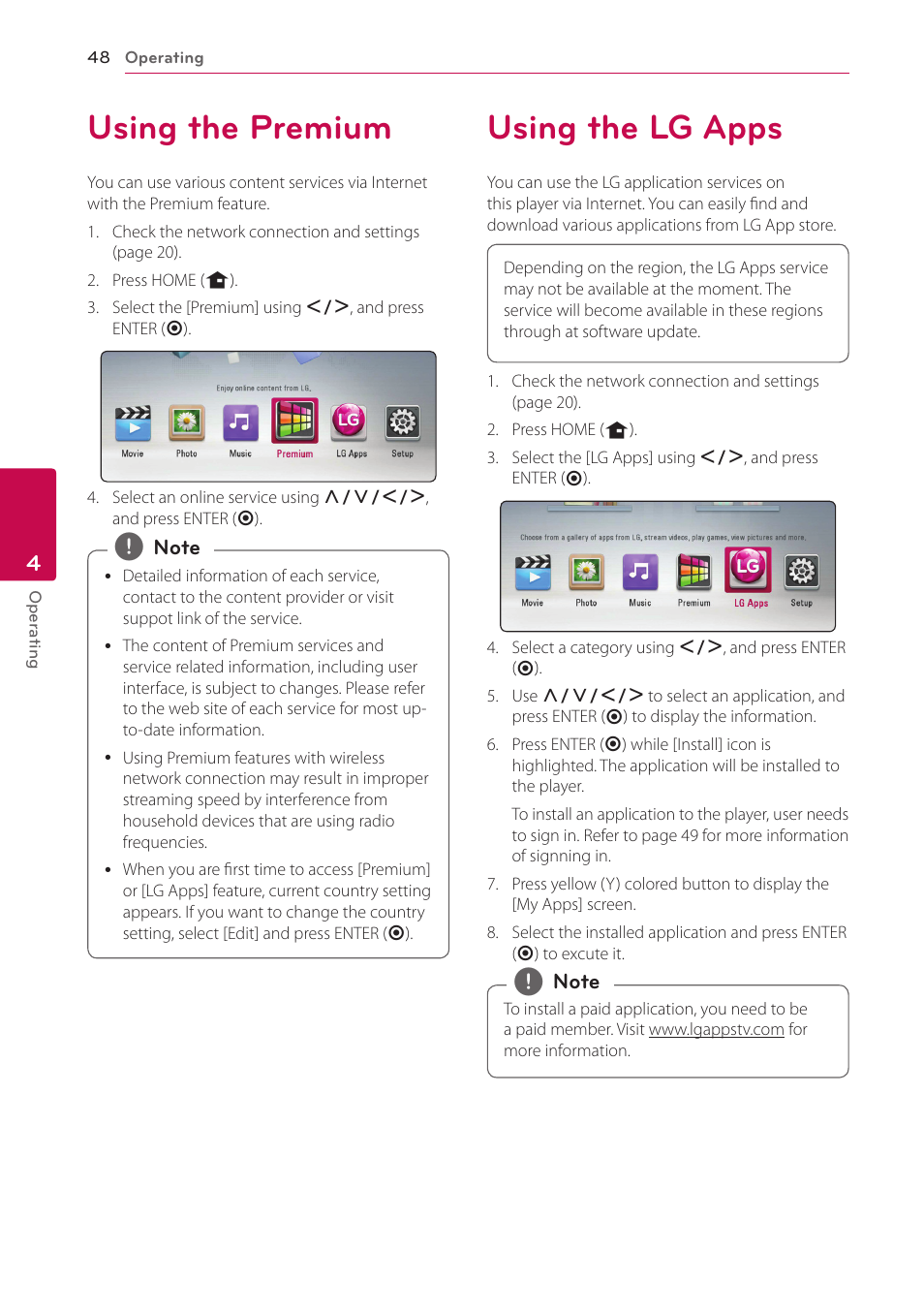 Using the premium, Using the lg apps, 48 using the premium 48 using the lg apps | LG BP620C User Manual | Page 48 / 68