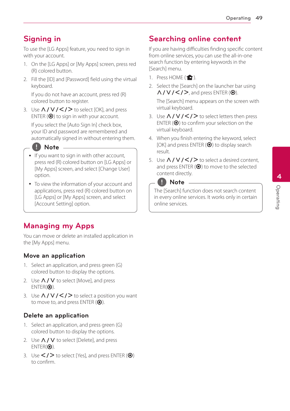 Signing in, Managing my apps, Searching online content | LG BP620C User Manual | Page 49 / 68
