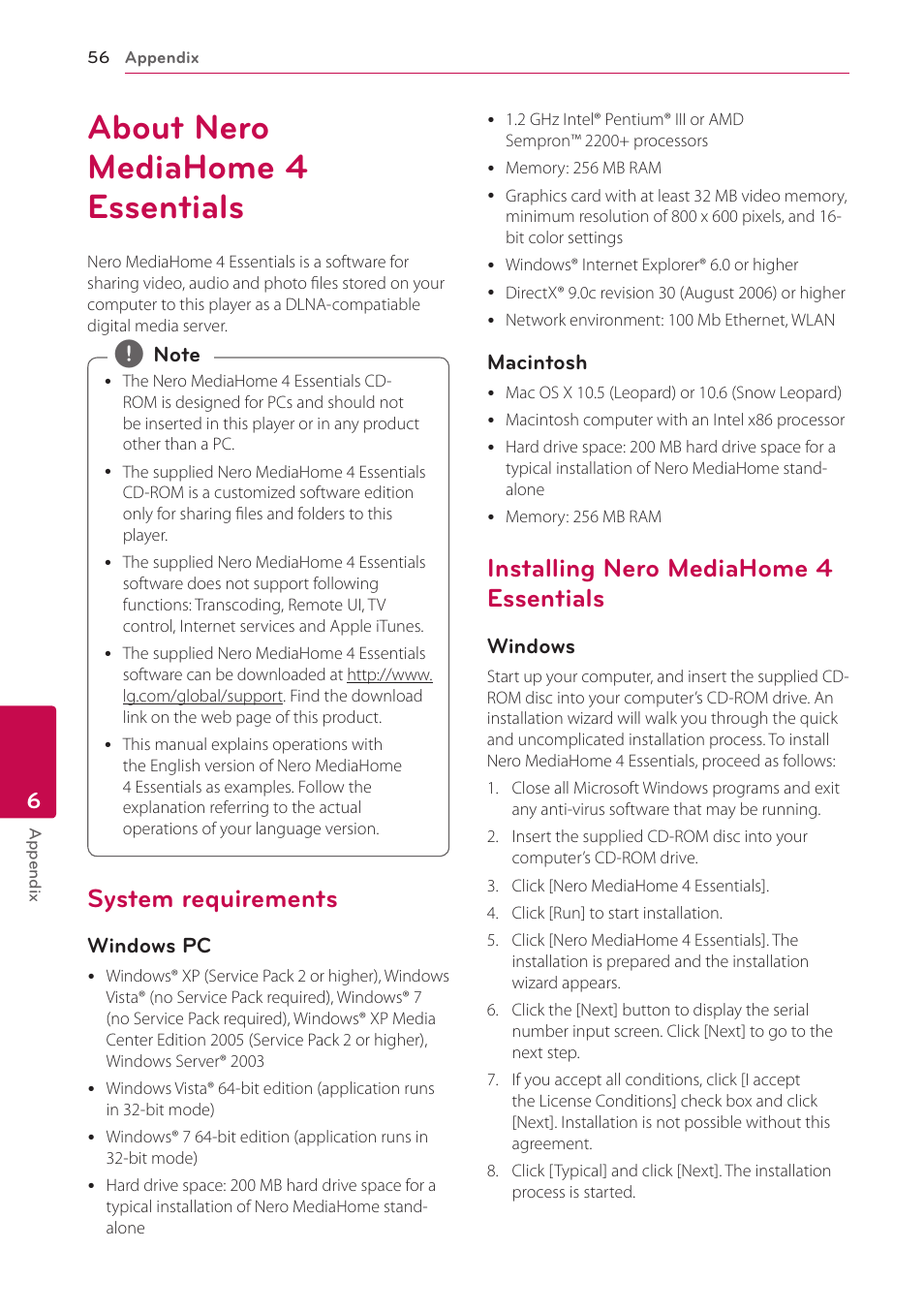 About nero mediahome 4 essentials, System requirements, Installing nero mediahome 4 essentials | Essentials | LG BP620C User Manual | Page 56 / 68