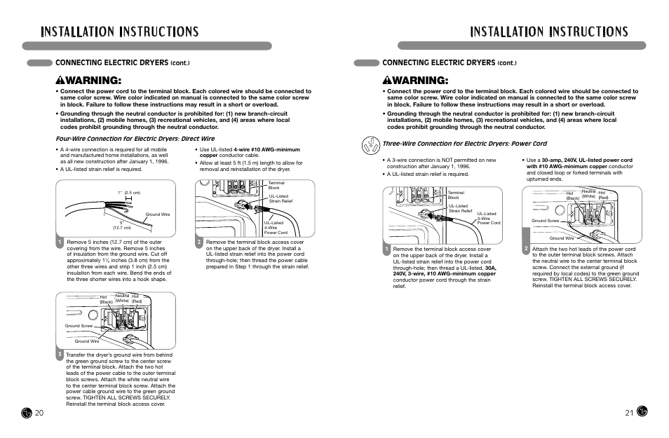Wwarning, Connecting electric dryers | LG DLEX8377NM User Manual | Page 11 / 45