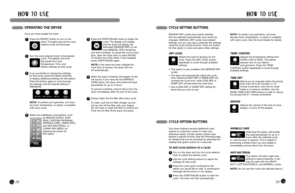 H o w to u s e, Operating the dryer, Cycle setting buttons | Cycle option buttons | LG DLEX8377NM User Manual | Page 15 / 45