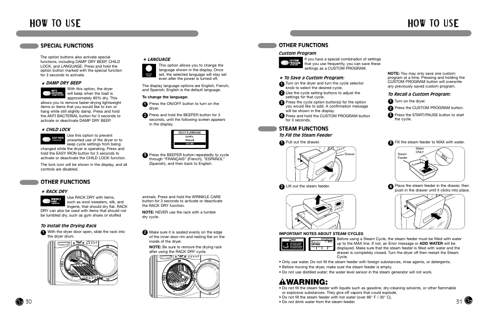 H o w to u s e, Wwarning, Special functions | Other functions, Steam functions | LG DLEX8377NM User Manual | Page 16 / 45