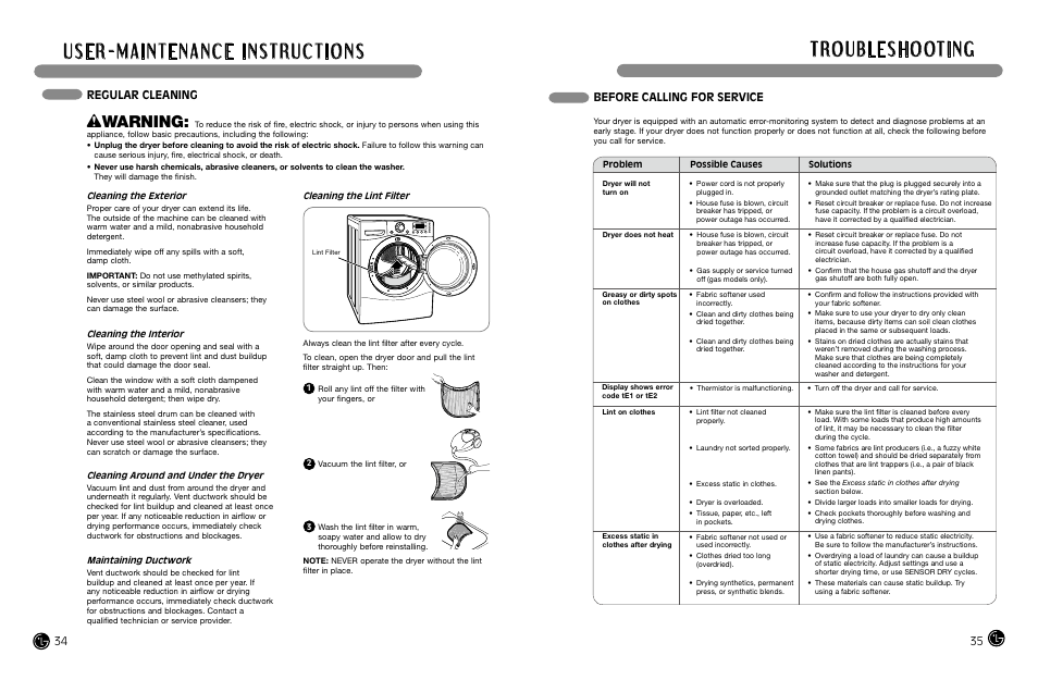 Wwarning, Before calling for service, Regular cleaning | LG DLEX8377NM User Manual | Page 18 / 45