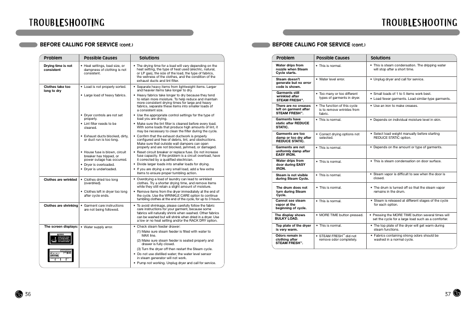 Before calling for service | LG DLEX8377NM User Manual | Page 19 / 45