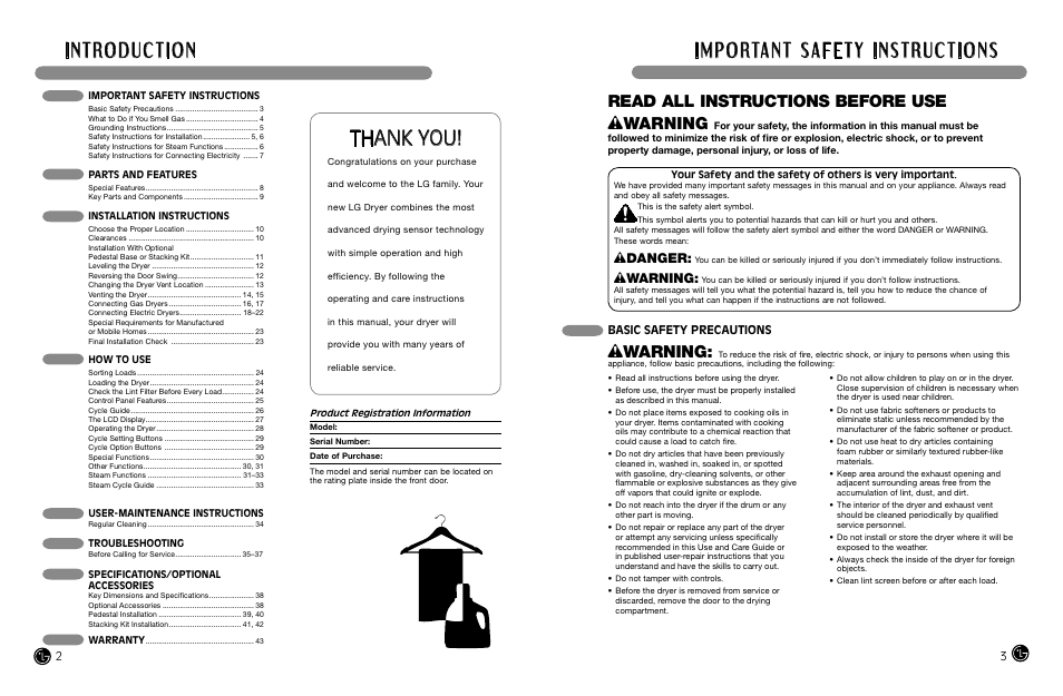 Read all instructions before use w warning, Wdanger, Wwarning | Basic safety precautions | LG DLEX8377NM User Manual | Page 2 / 45