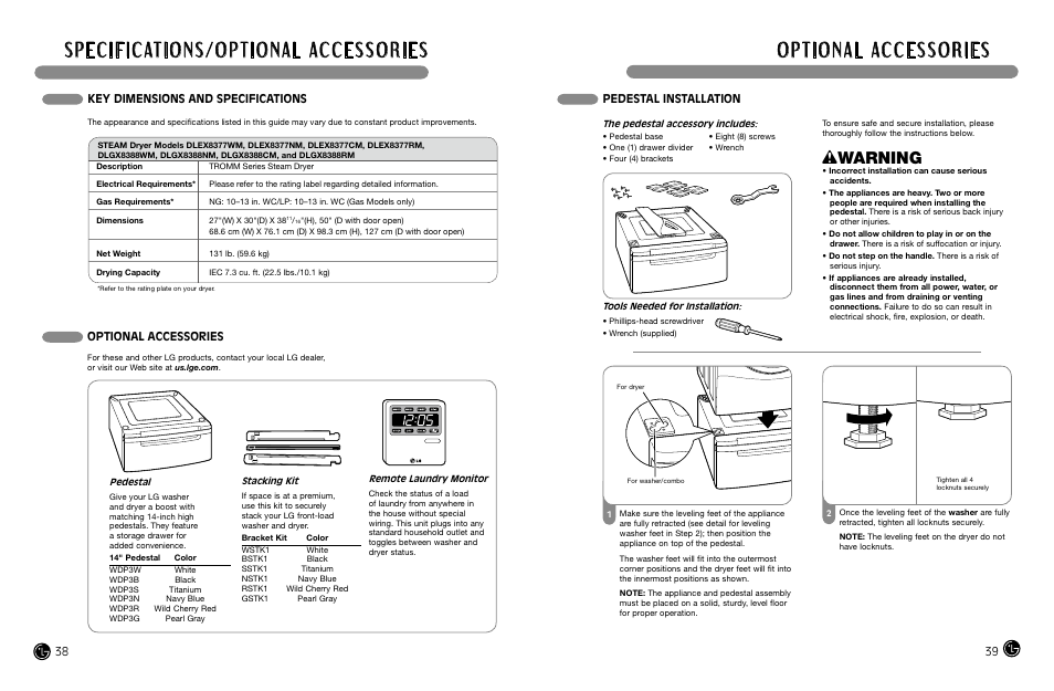 Wwarning, Optional accessories, Pedestal installation | Key dimensions and specifications | LG DLEX8377NM User Manual | Page 20 / 45