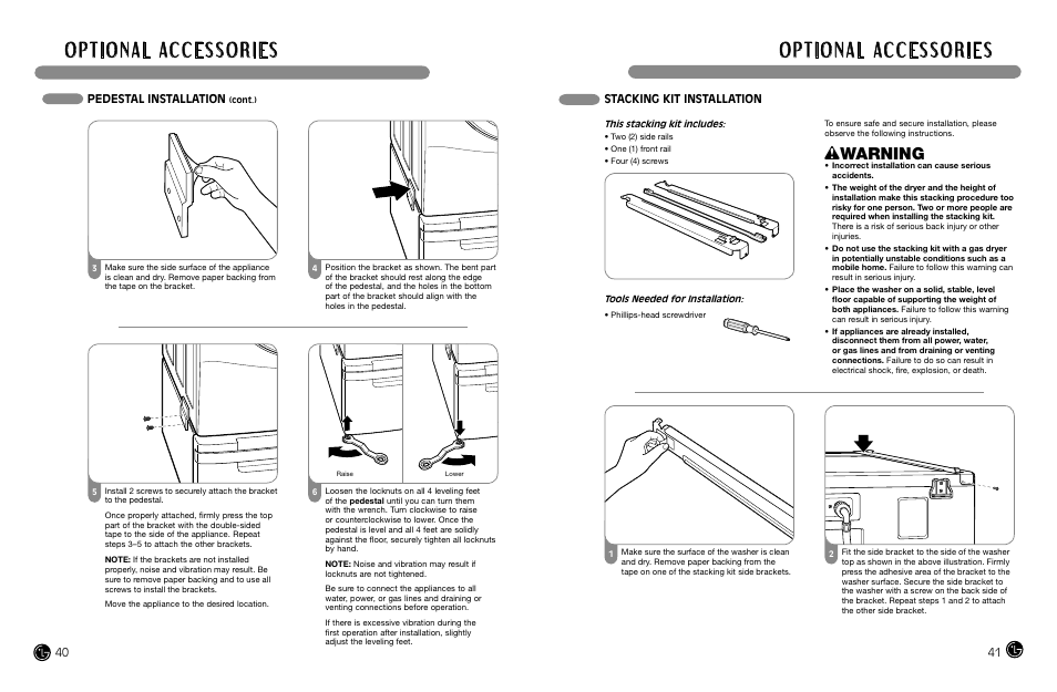 Wwarning, Pedestal installation, Stacking kit installation | LG DLEX8377NM User Manual | Page 21 / 45