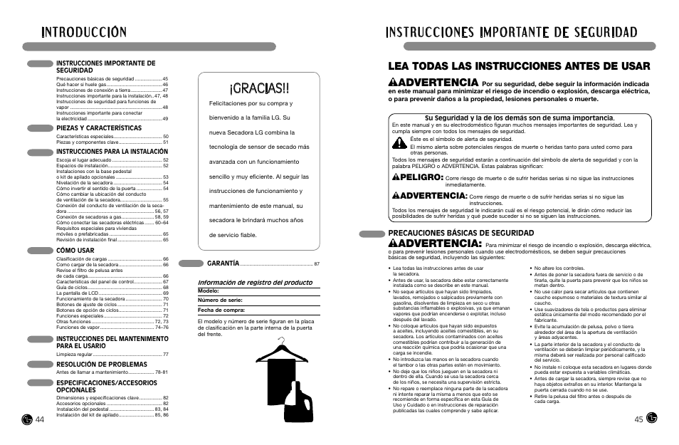 Lea todas las instrucciones antes de usar, Wpeligro, Wadvertencia | Precauciones básicas de seguridad | LG DLEX8377NM User Manual | Page 23 / 45