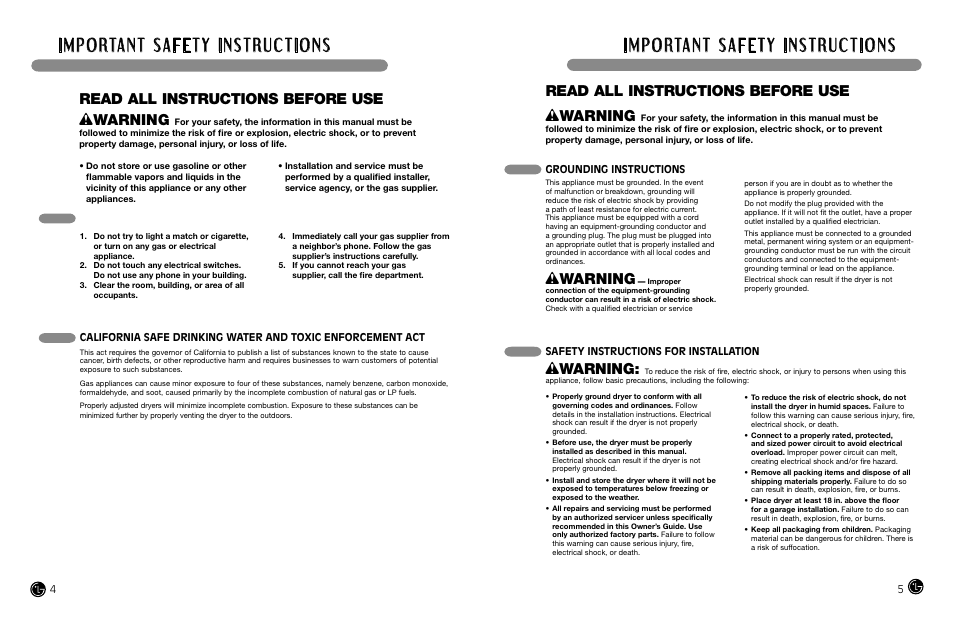 Read all instructions before use w warning, What to do if you smell gas, Wwarning | Read all instructions before use, Grounding instructions, Safety instructions for installation | LG DLEX8377NM User Manual | Page 3 / 45