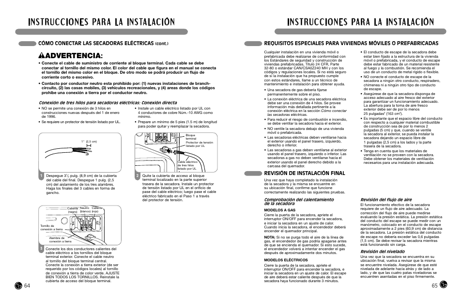 Wadvertencia, Cómo conectar las secadoras eléctricas, Revisión de instalación final | LG DLEX8377NM User Manual | Page 33 / 45