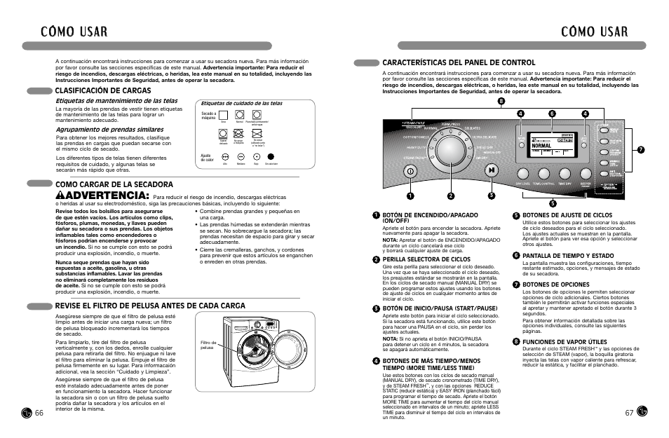 Wadvertencia, Como cargar de la secadora, Clasificación de cargas | Revise el filtro de pelusa antes de cada carga, Características del panel de control | LG DLEX8377NM User Manual | Page 34 / 45