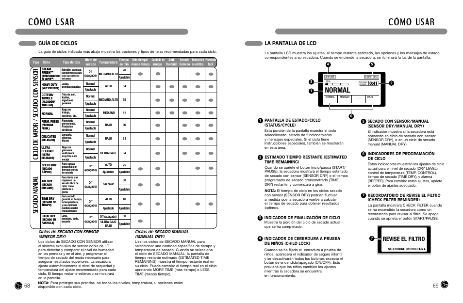Normal, Revise el filtro, Guía de ciclos | La pantalla de lcd | LG DLEX8377NM User Manual | Page 35 / 45
