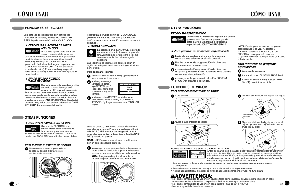 Wadvertencia, Funciones especiales, Funciones de vapor | Otras funciones | LG DLEX8377NM User Manual | Page 37 / 45