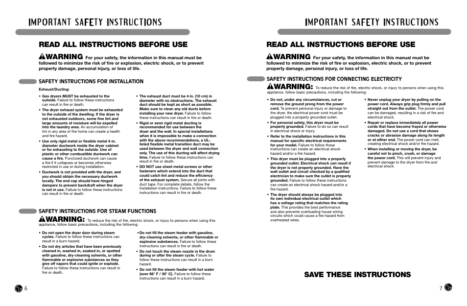 Save these instructions, Read all instructions before use, Wwarning | Read all instructions before use w warning, Safety instructions for connecting electricity, Safety instructions for installation, Safety instructions for steam functions | LG DLEX8377NM User Manual | Page 4 / 45