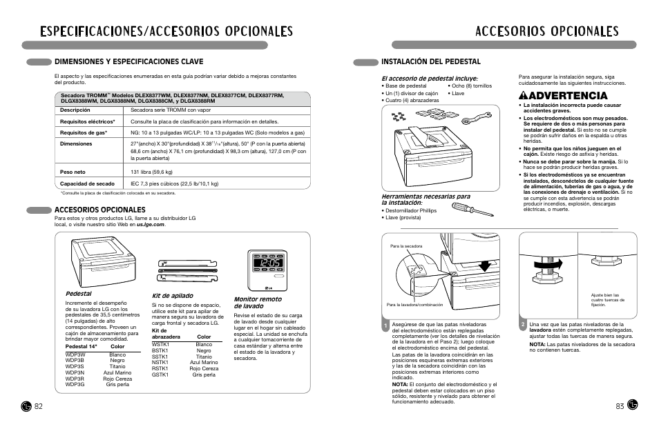 Wadvertencia, Instalación del pedestal, Dimensiones y especificaciones clave | Accesorios opcionales | LG DLEX8377NM User Manual | Page 42 / 45