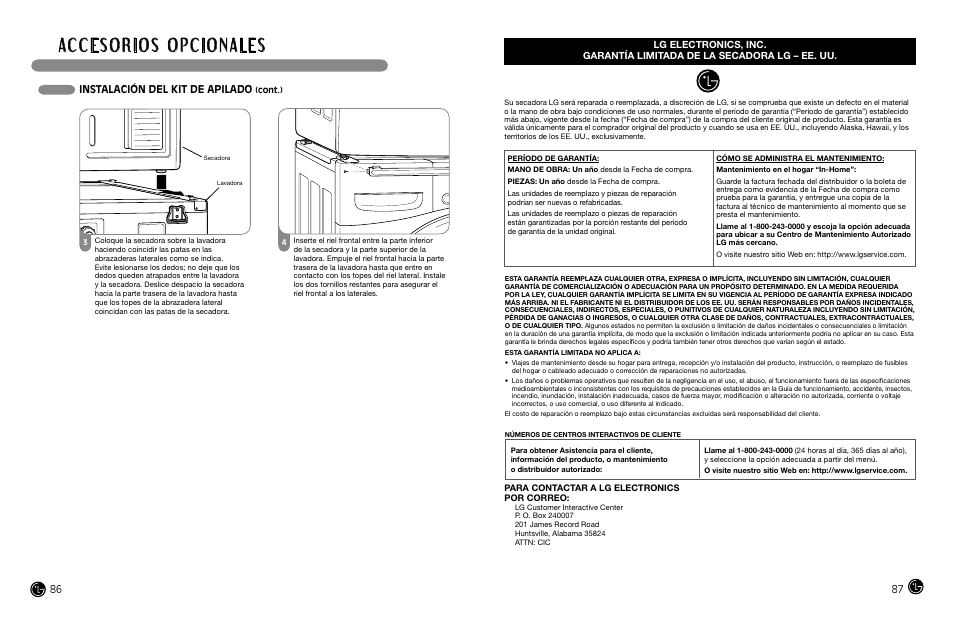 Instalación del kit de apilado | LG DLEX8377NM User Manual | Page 44 / 45