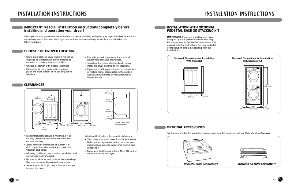 Choose the proper location, Clearances, Optional accessories | LG DLEX8377NM User Manual | Page 6 / 45