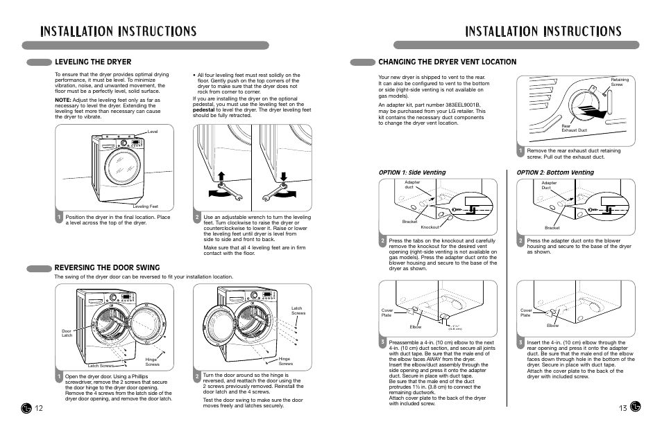 Leveling the dryer, Reversing the door swing, Changing the dryer vent location | LG DLEX8377NM User Manual | Page 7 / 45