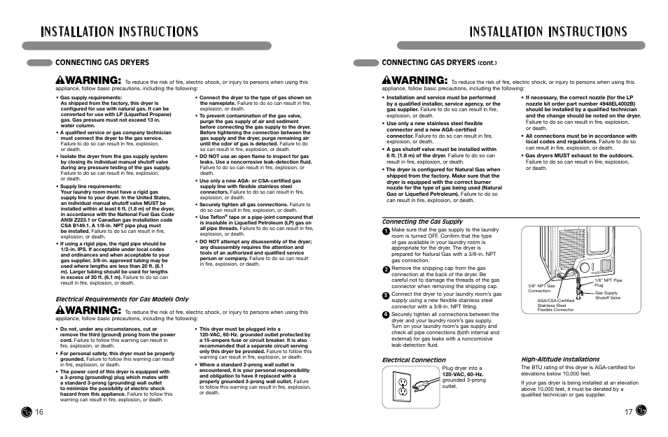 Wwarning, Connecting gas dryers, 1 connecting gas dryers | LG DLEX8377NM User Manual | Page 9 / 45