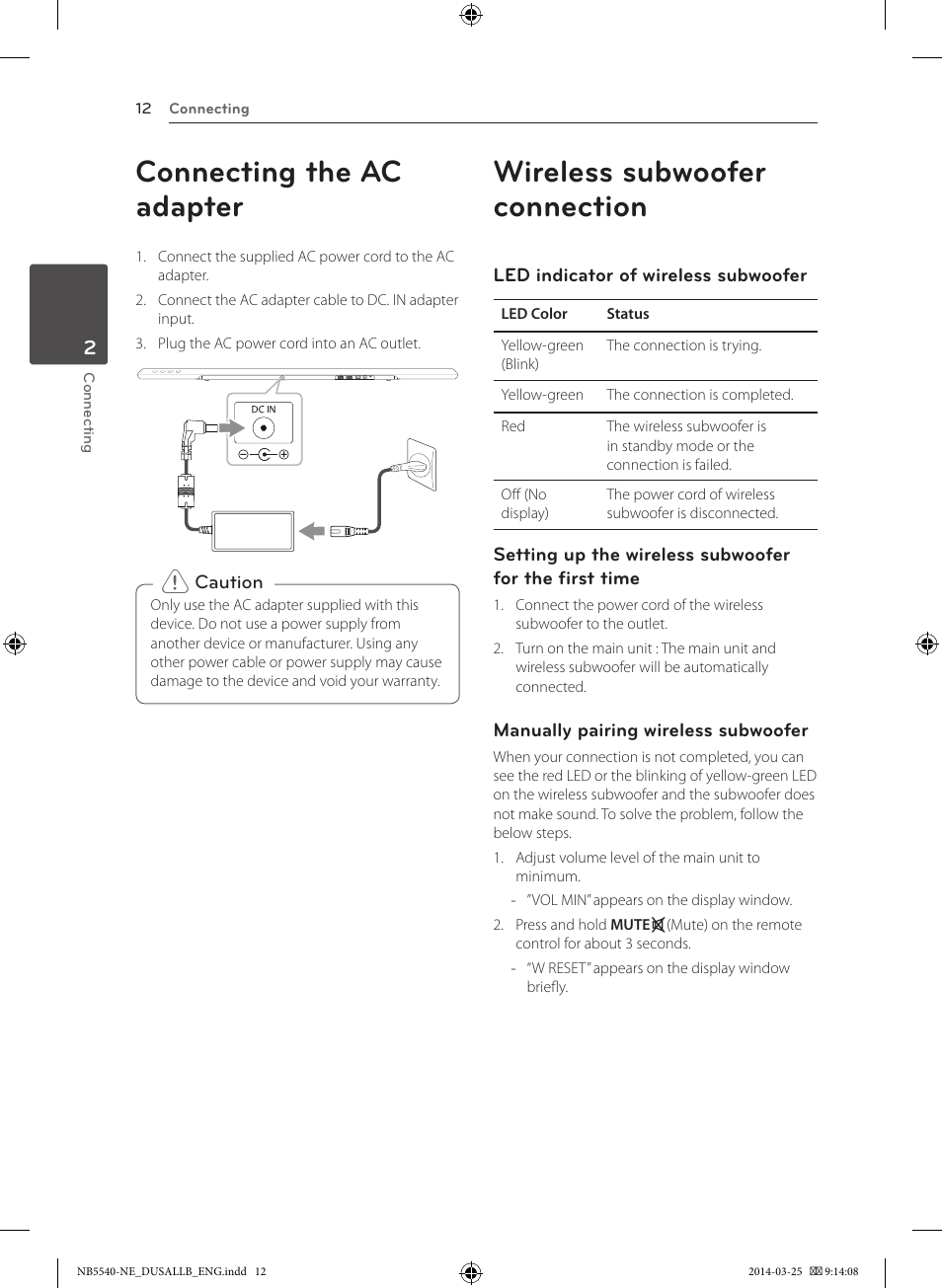 Connecting the ac adapter, Wireless subwoofer connection | LG NB5541 User Manual | Page 12 / 30