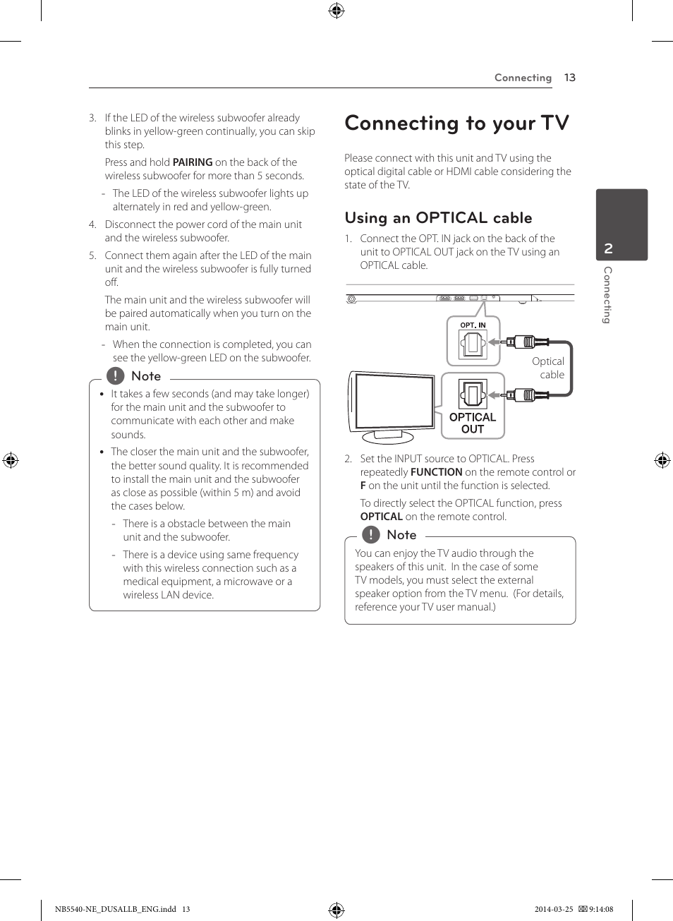 Connecting to your tv, Using an optical cable | LG NB5541 User Manual | Page 13 / 30