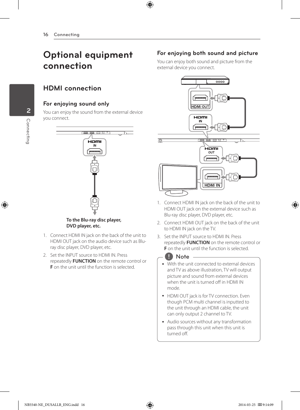 Optional equipment connection, Hdmi connection | LG NB5541 User Manual | Page 16 / 30