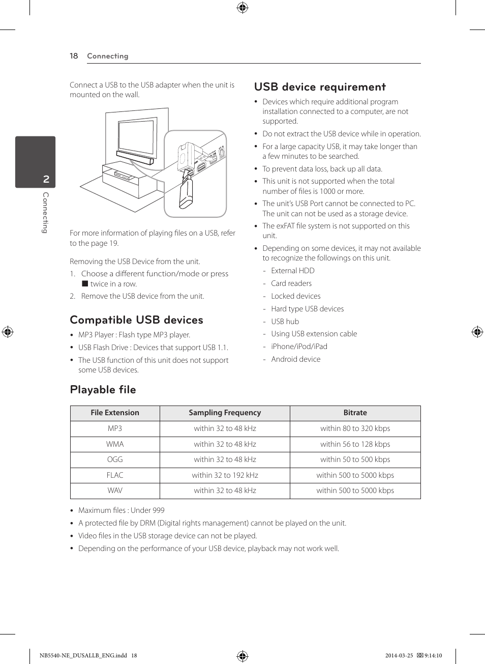 Compatible usb devices, Usb device requirement, Playable file | LG NB5541 User Manual | Page 18 / 30