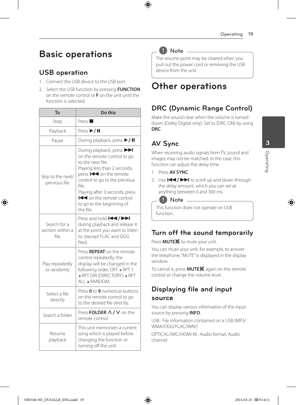 Basic operations, Other operations, Usb operation | Drc (dynamic range control), Av sync, Turn off the sound temporarily, Displaying file and input source | LG NB5541 User Manual | Page 19 / 30