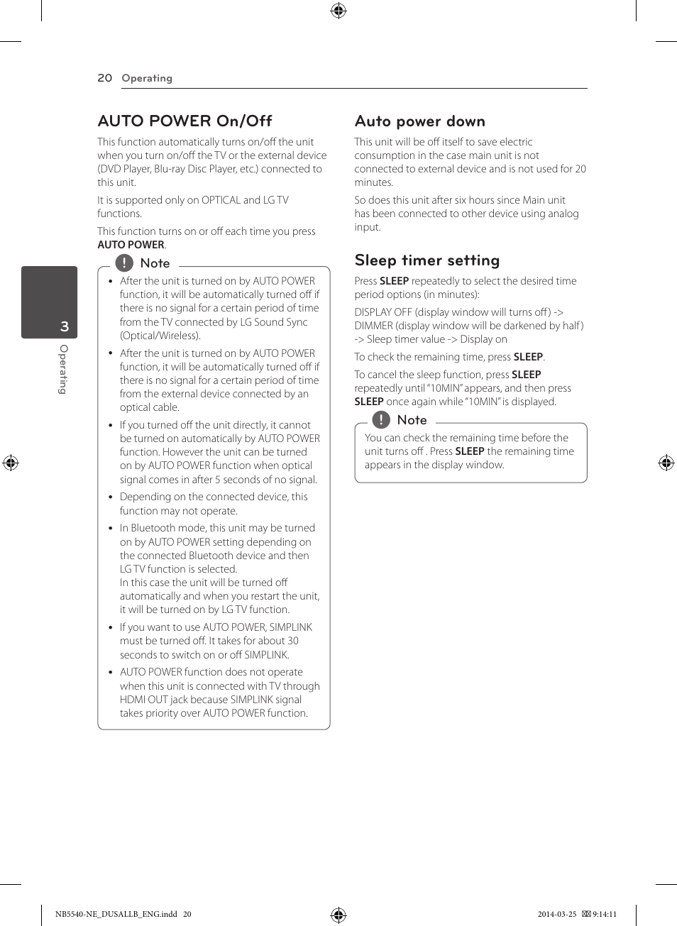 Auto power on/off, Auto power down, Sleep timer setting | LG NB5541 User Manual | Page 20 / 30