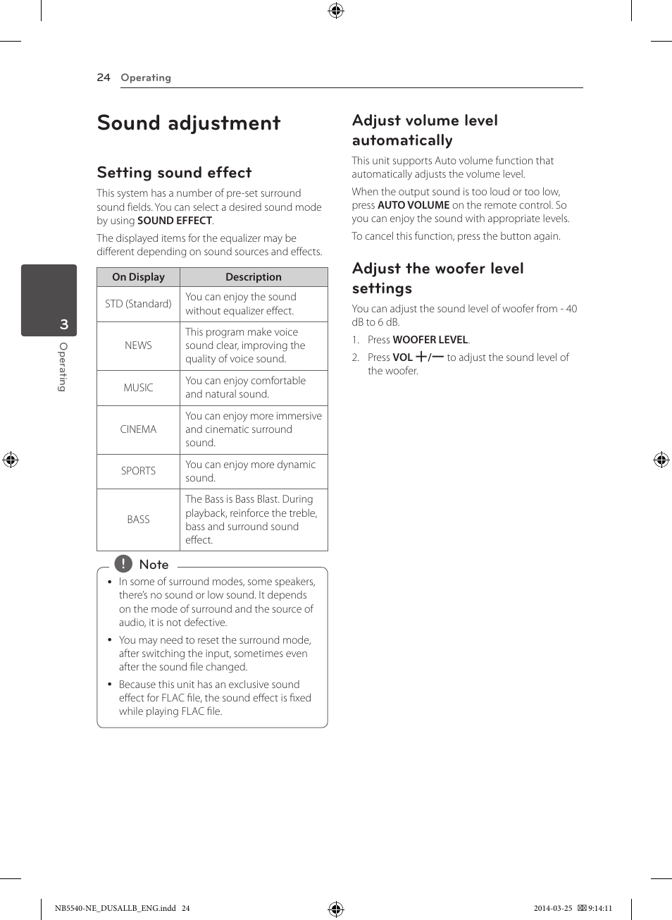 Sound adjustment, Setting sound effect, Adjust volume level automatically | Adjust the woofer level settings | LG NB5541 User Manual | Page 24 / 30