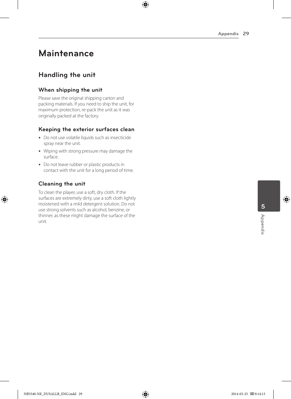 Maintenance, Handling the unit | LG NB5541 User Manual | Page 29 / 30