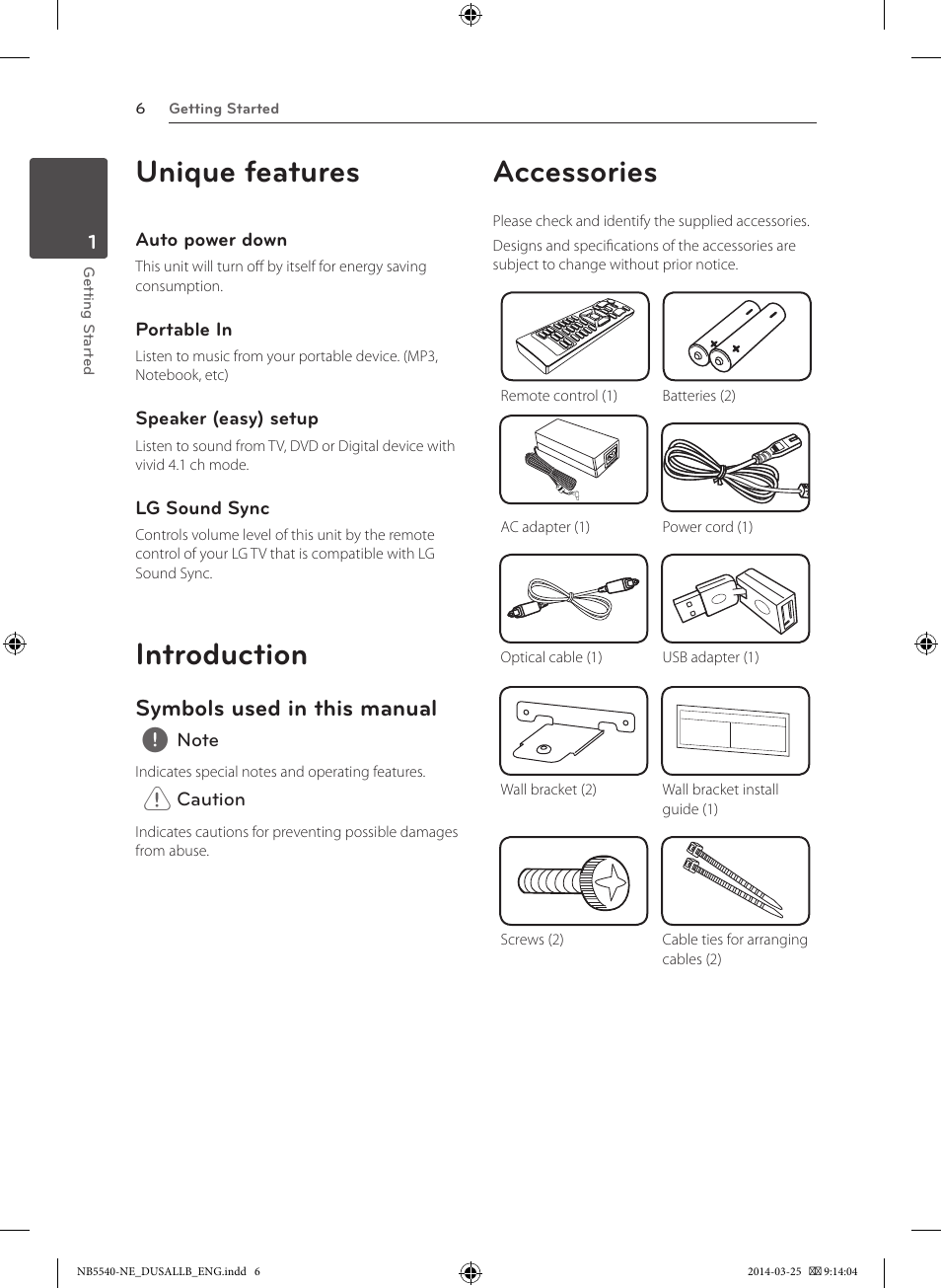 Unique features, Introduction, Accessories | Symbols used in this manual | LG NB5541 User Manual | Page 6 / 30