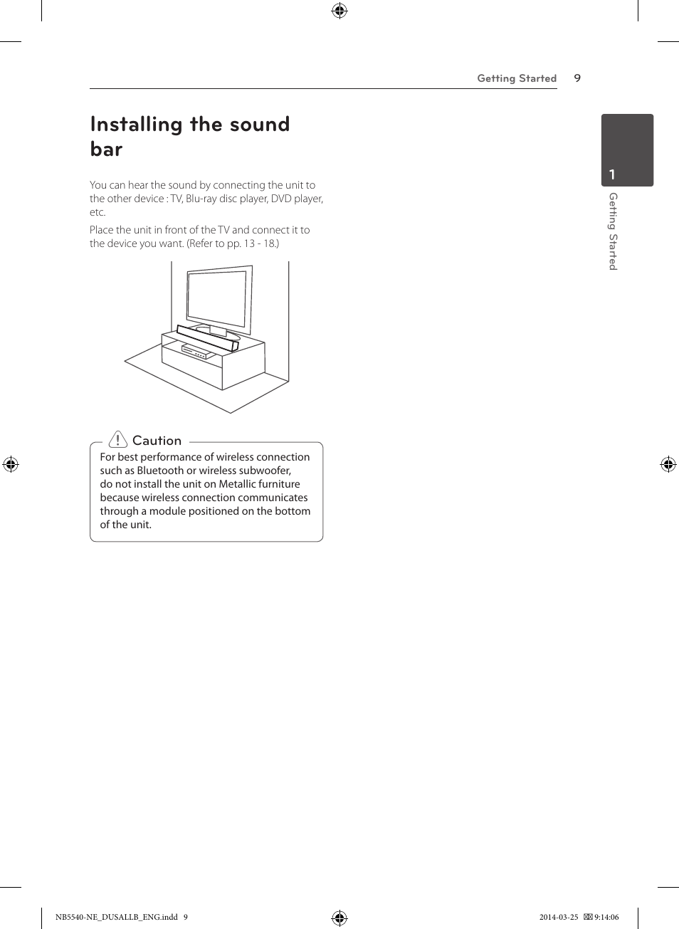 Installing the sound bar | LG NB5541 User Manual | Page 9 / 30