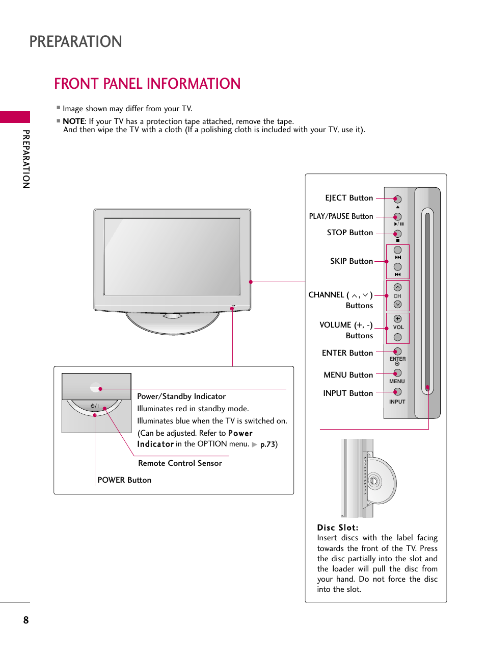 Preparation, Front panel information, Prep ar ation | LG 26LG40 User Manual | Page 10 / 136