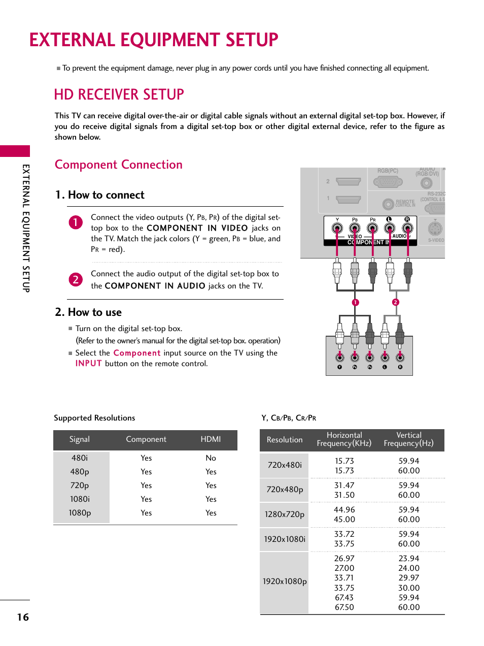 External equipment setup, Hd receiver setup, Component connection | How to connect, How to use, External eq uipment setup | LG 26LG40 User Manual | Page 18 / 136