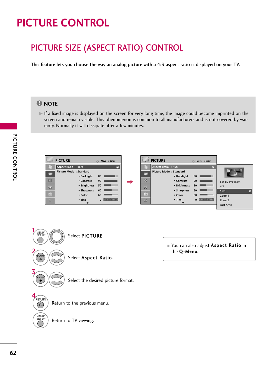 Picture control, Picture size (aspect ratio) control, Picture contr ol | LG 26LG40 User Manual | Page 64 / 136