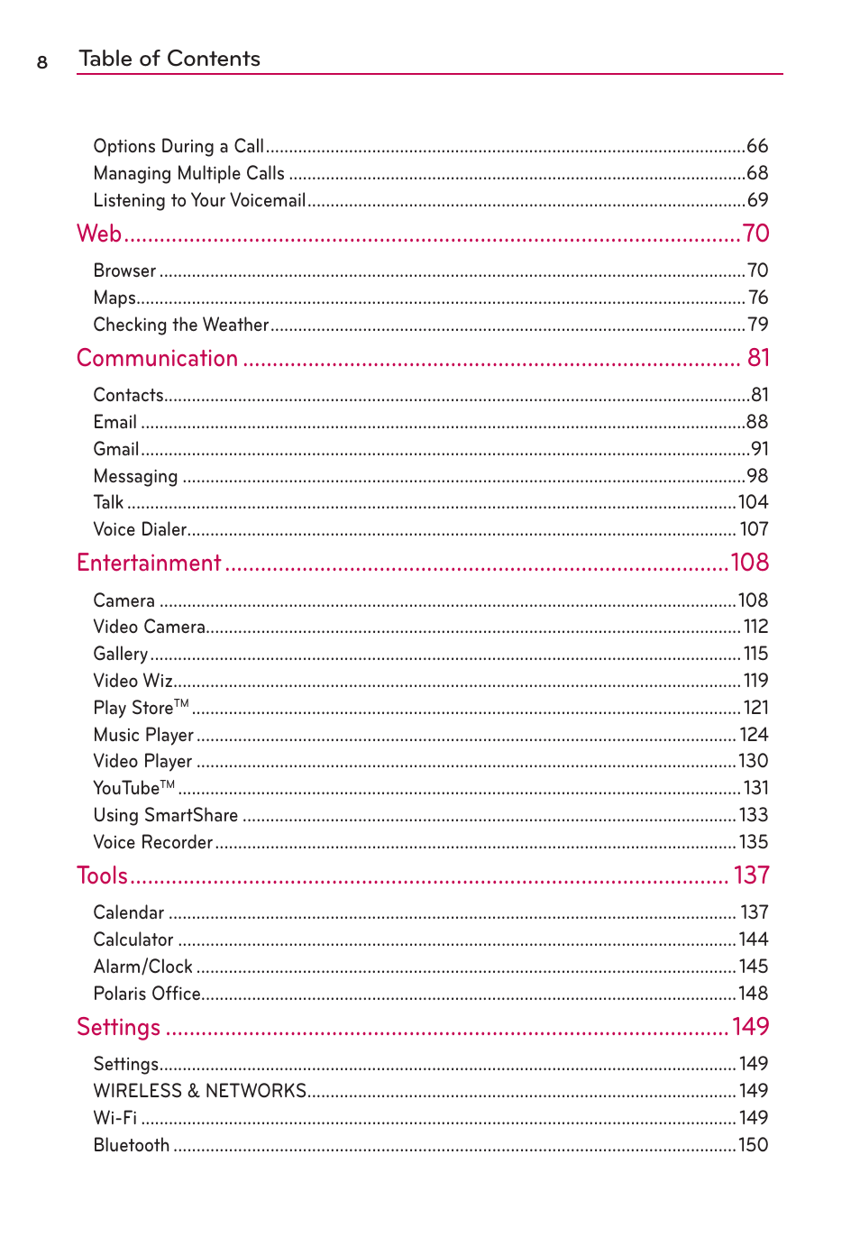 Communication, Entertainment, Tools | Settings | LG LW770 User Manual | Page 10 / 202