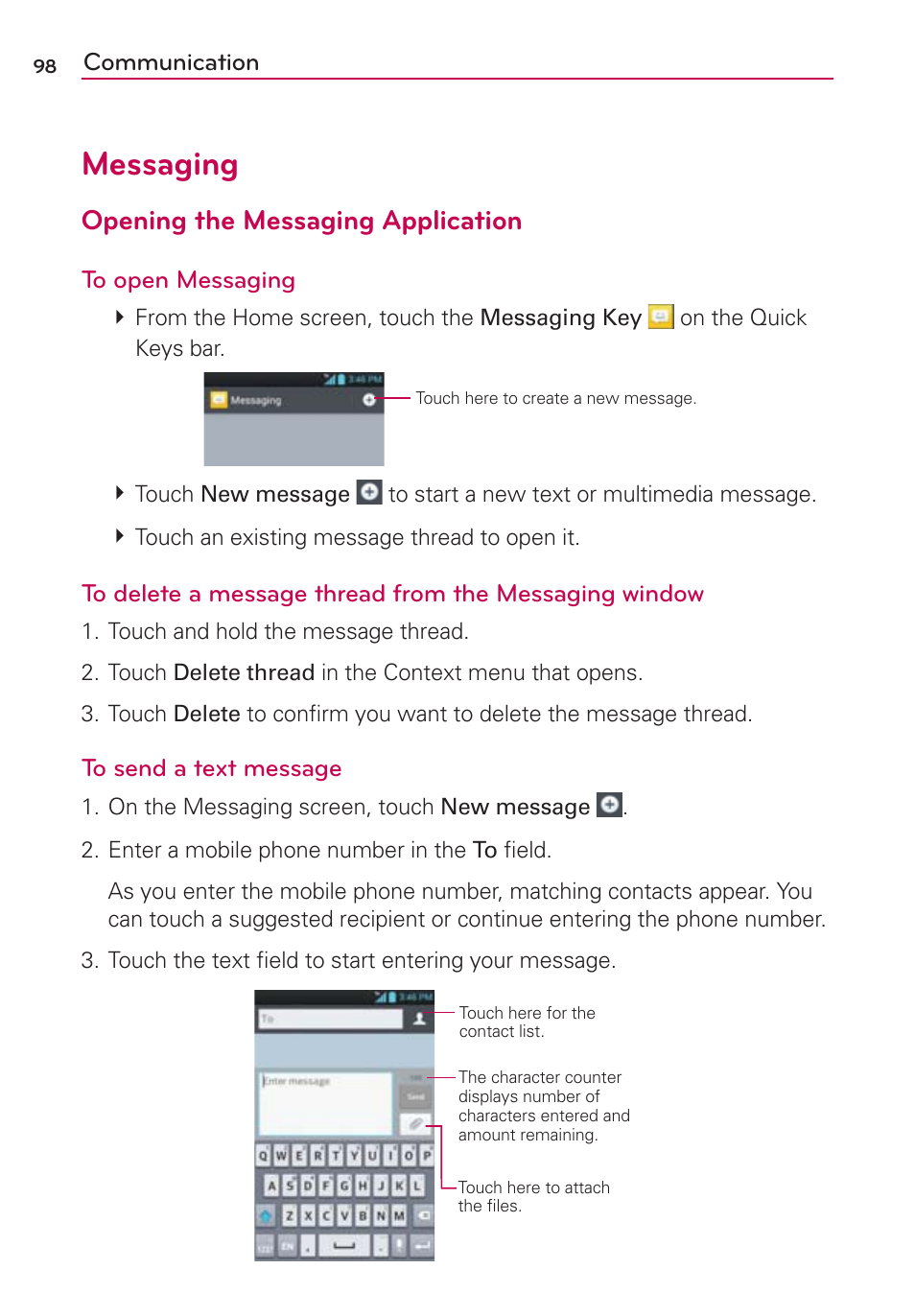 Messaging, Opening the messaging application | LG LW770 User Manual | Page 100 / 202