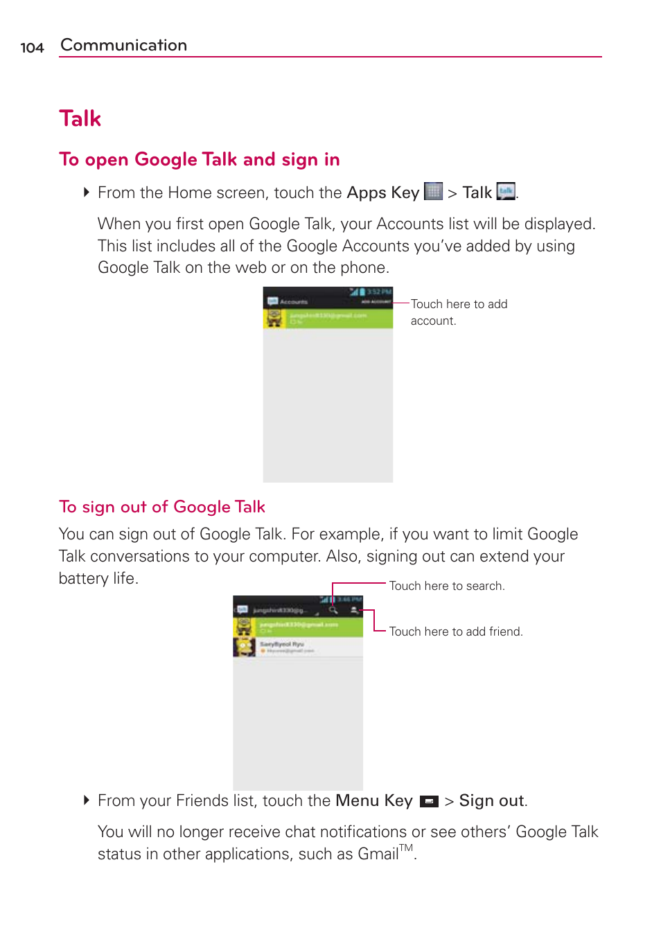 Talk | LG LW770 User Manual | Page 106 / 202