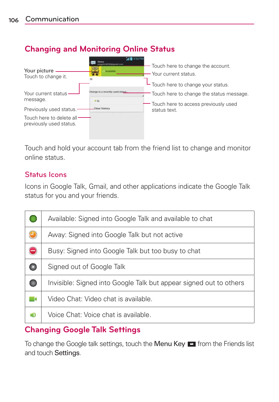 Changing and monitoring online status, Changing google talk settings, Communication | Status icons | LG LW770 User Manual | Page 108 / 202