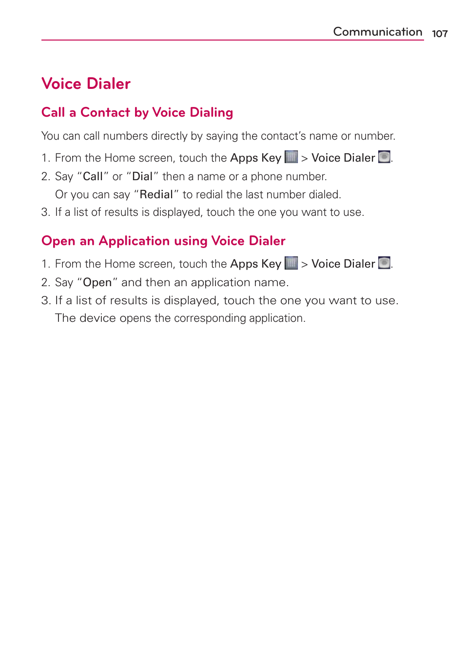 Voice dialer, Call a contact by voice dialing, Open an application using voice dialer | LG LW770 User Manual | Page 109 / 202