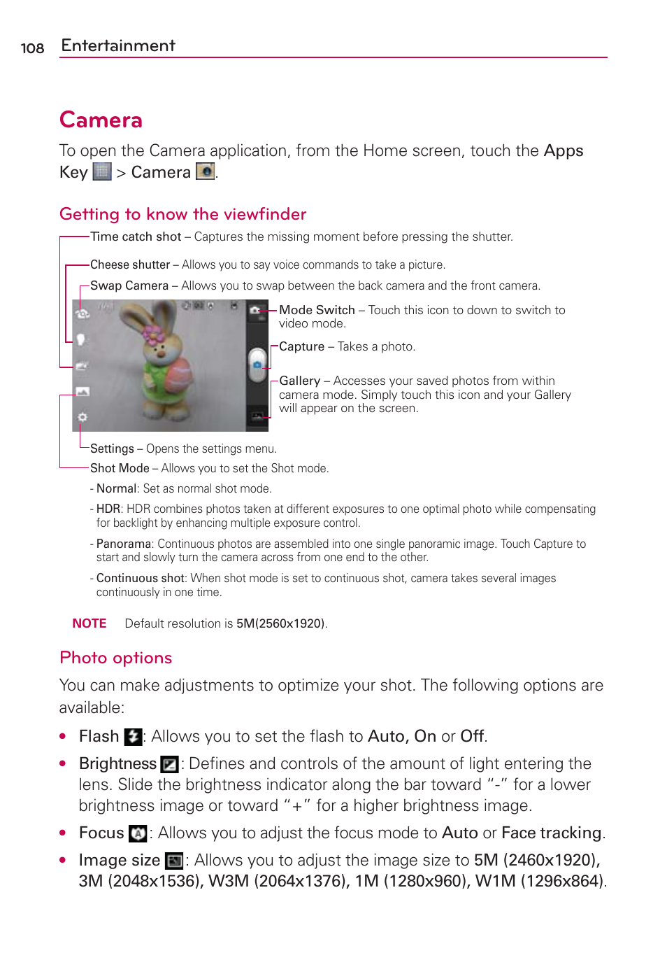 Entertainment, Camera, Getting to know the viewﬁnder | Photo options | LG LW770 User Manual | Page 110 / 202