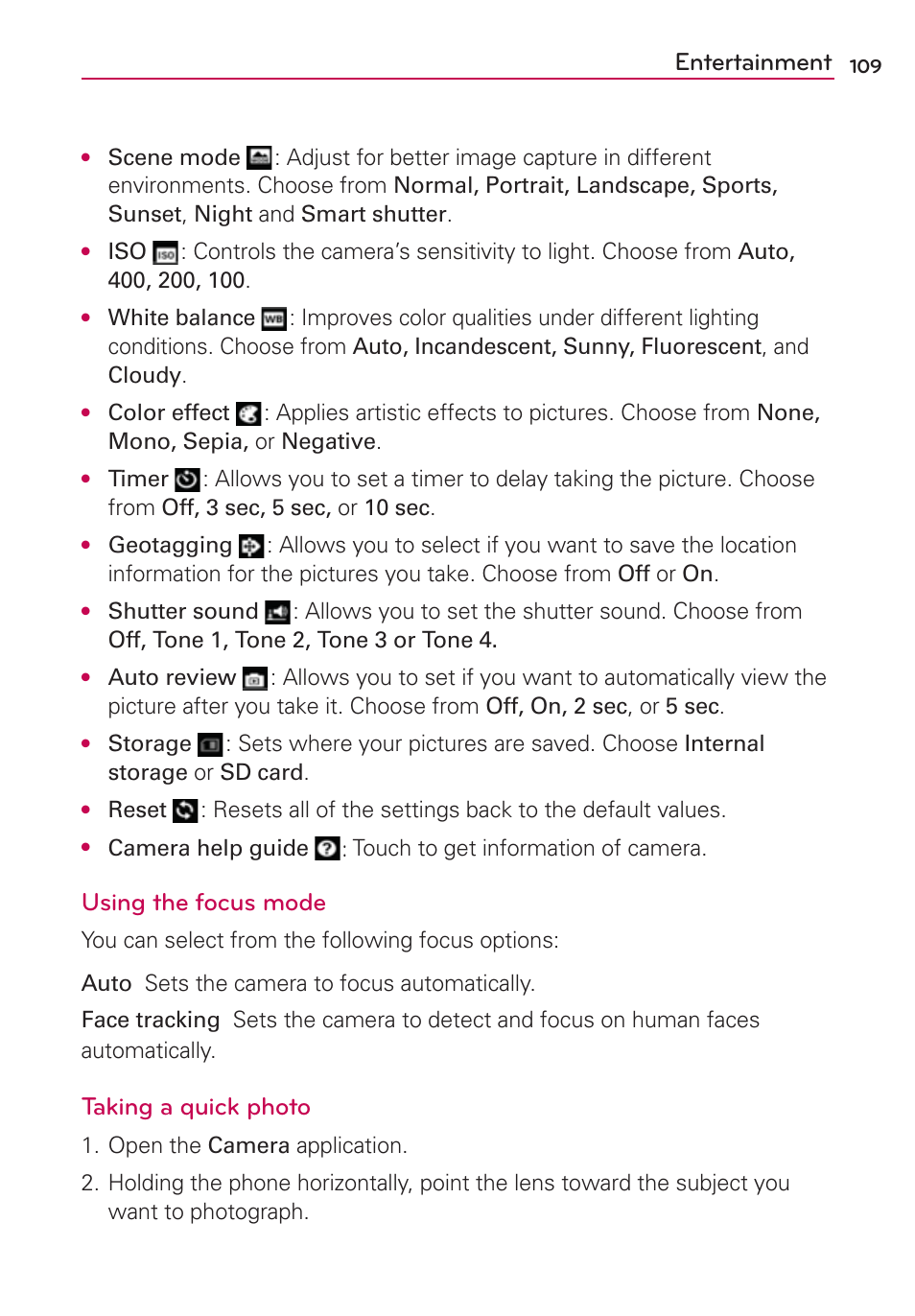 Entertainment, Using the focus mode, Taking a quick photo | LG LW770 User Manual | Page 111 / 202