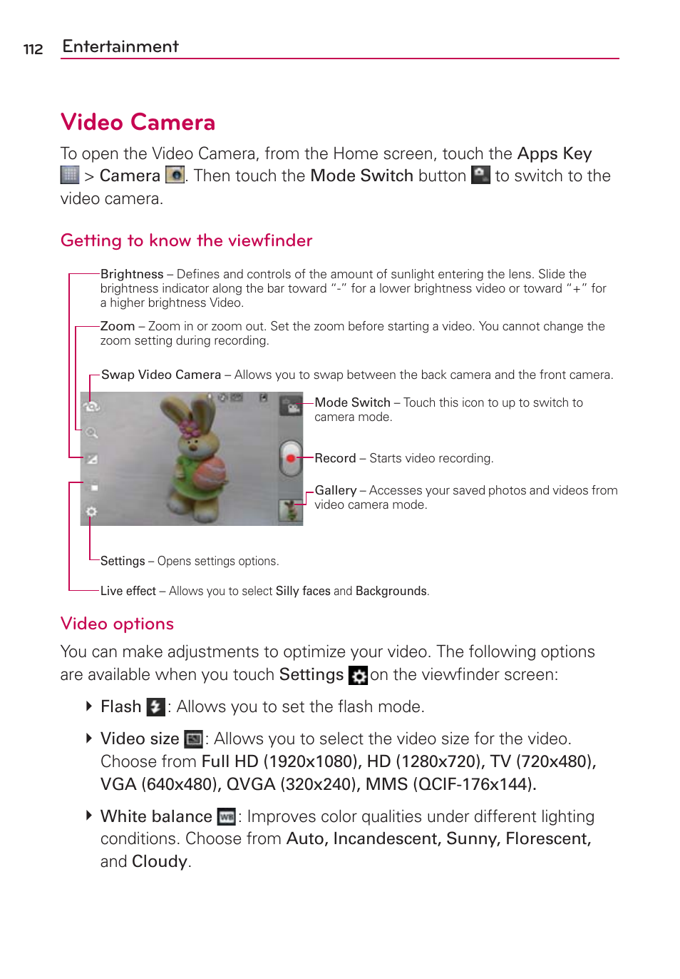 Video camera, Entertainment, Getting to know the viewﬁnder | Video options | LG LW770 User Manual | Page 114 / 202