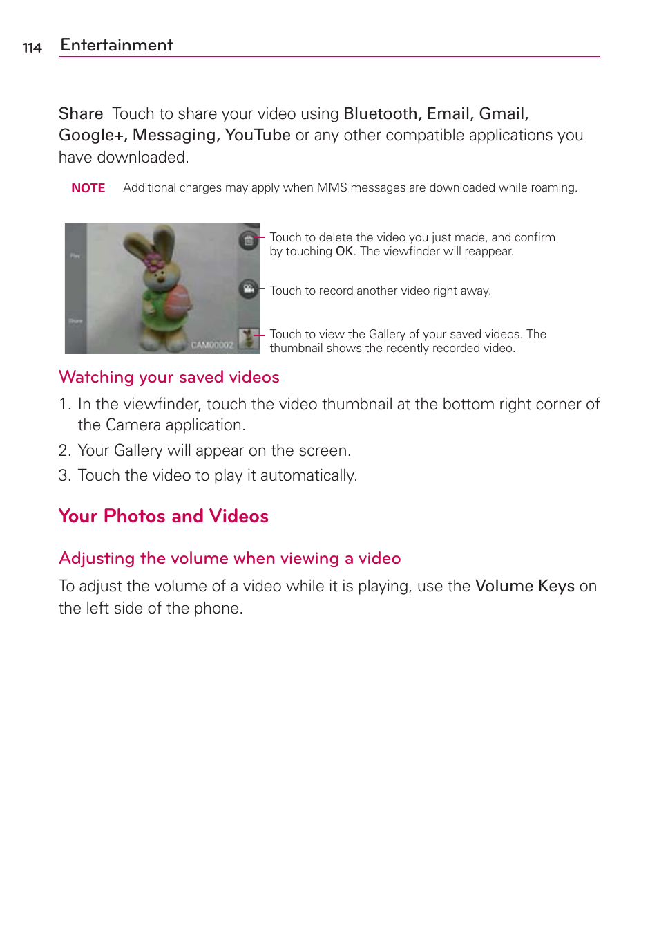 Your photos and videos, Entertainment, Watching your saved videos | Adjusting the volume when viewing a video | LG LW770 User Manual | Page 116 / 202