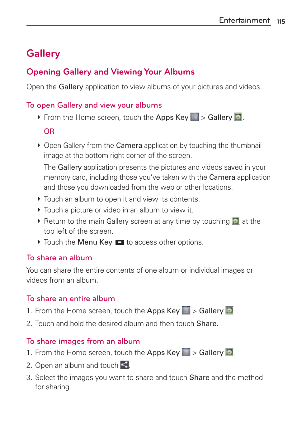 Gallery, Opening gallery and viewing your albums | LG LW770 User Manual | Page 117 / 202