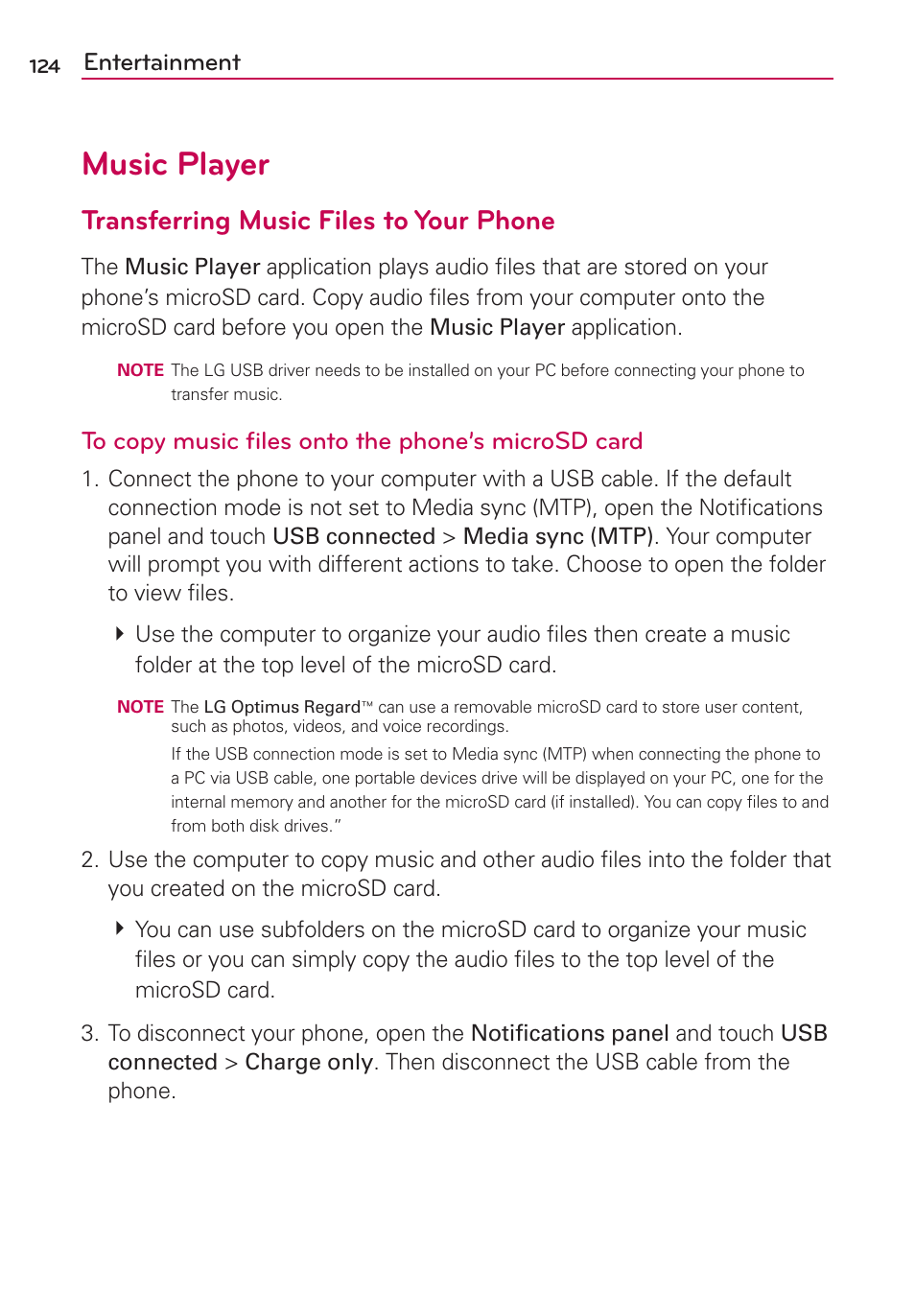 Music player, Transferring music files to your phone, Entertainment | LG LW770 User Manual | Page 126 / 202