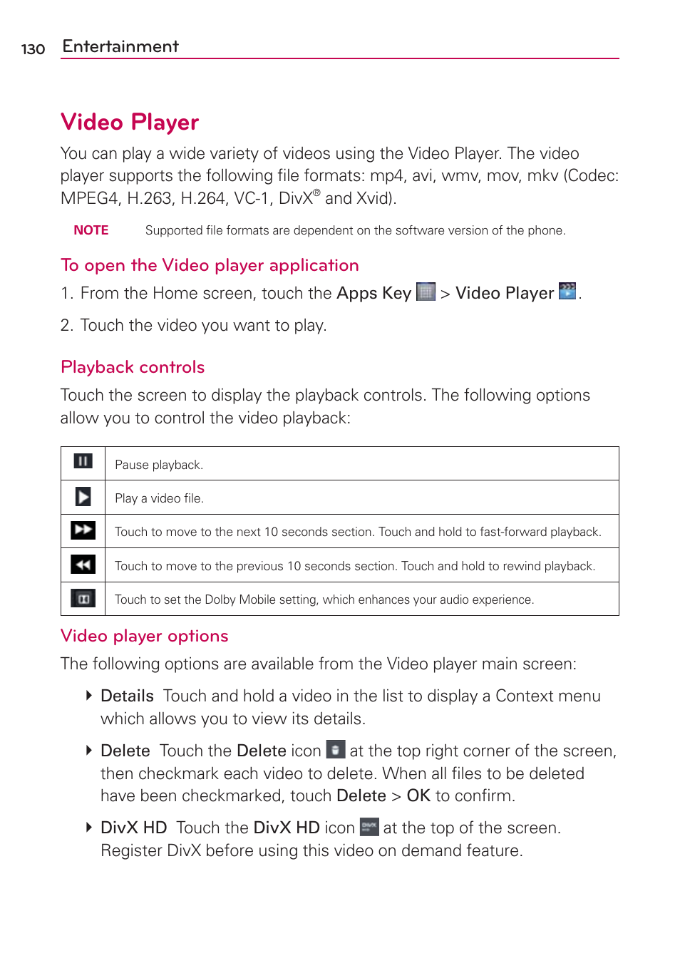 Video player, Entertainment, Playback controls | Video player options | LG LW770 User Manual | Page 132 / 202