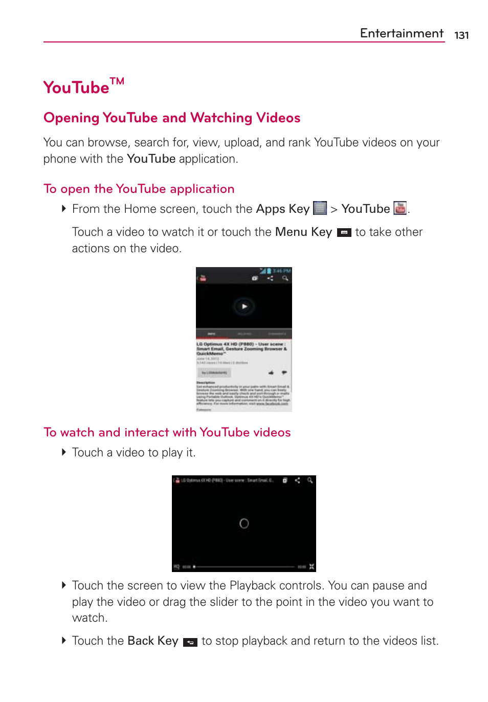 Youtubetm, Youtube, Opening youtube and watching videos | LG LW770 User Manual | Page 133 / 202